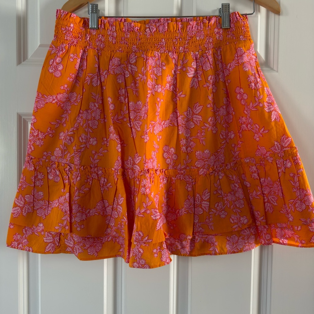 J. Crew Factory Orange Skater Skirt with Pink Floral Print